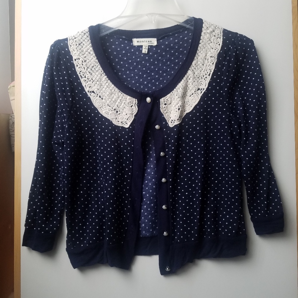 Monteau blue and white polka dot cardigan